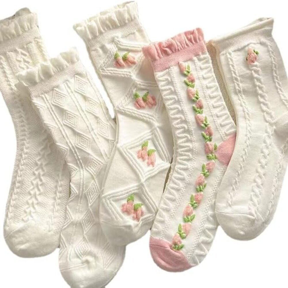 5 Pairs White Cute Socks, Women's Lace Ruffles Ankle Casual Sock, Cottagecore Br